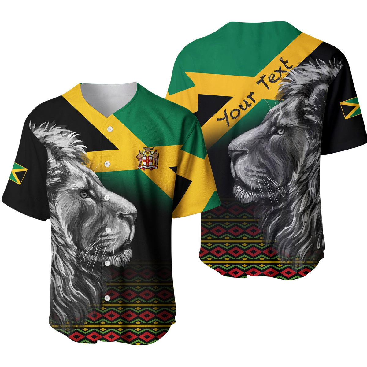 Jamaica lion baseball jersey, black with green/yellow flag pattern and lion head front