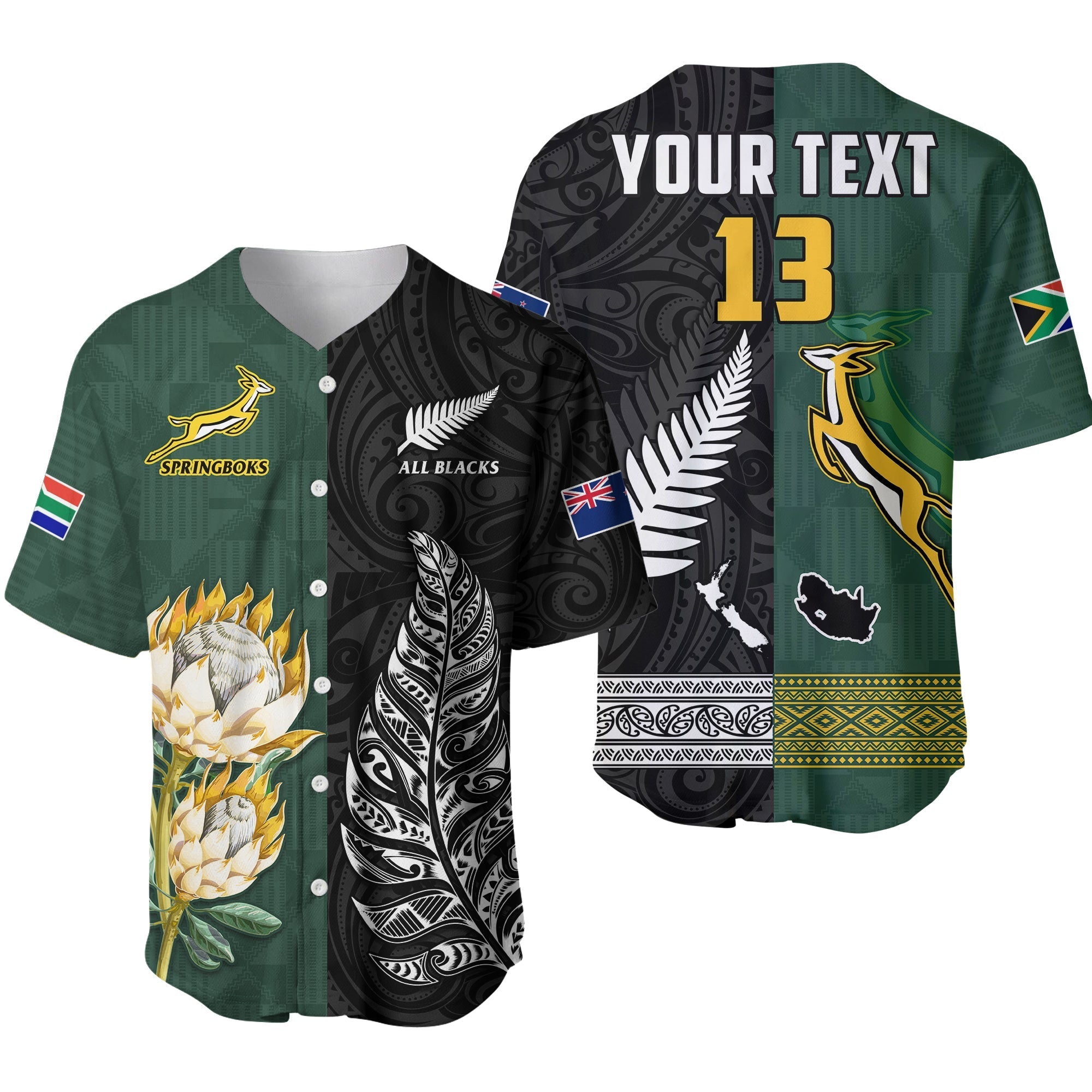 Custom Text and Number South Africa Protea and New Zealand Fern Baseball Jersey Rugby Go Springboks vs All Black LT13 - Wonder Print Shop