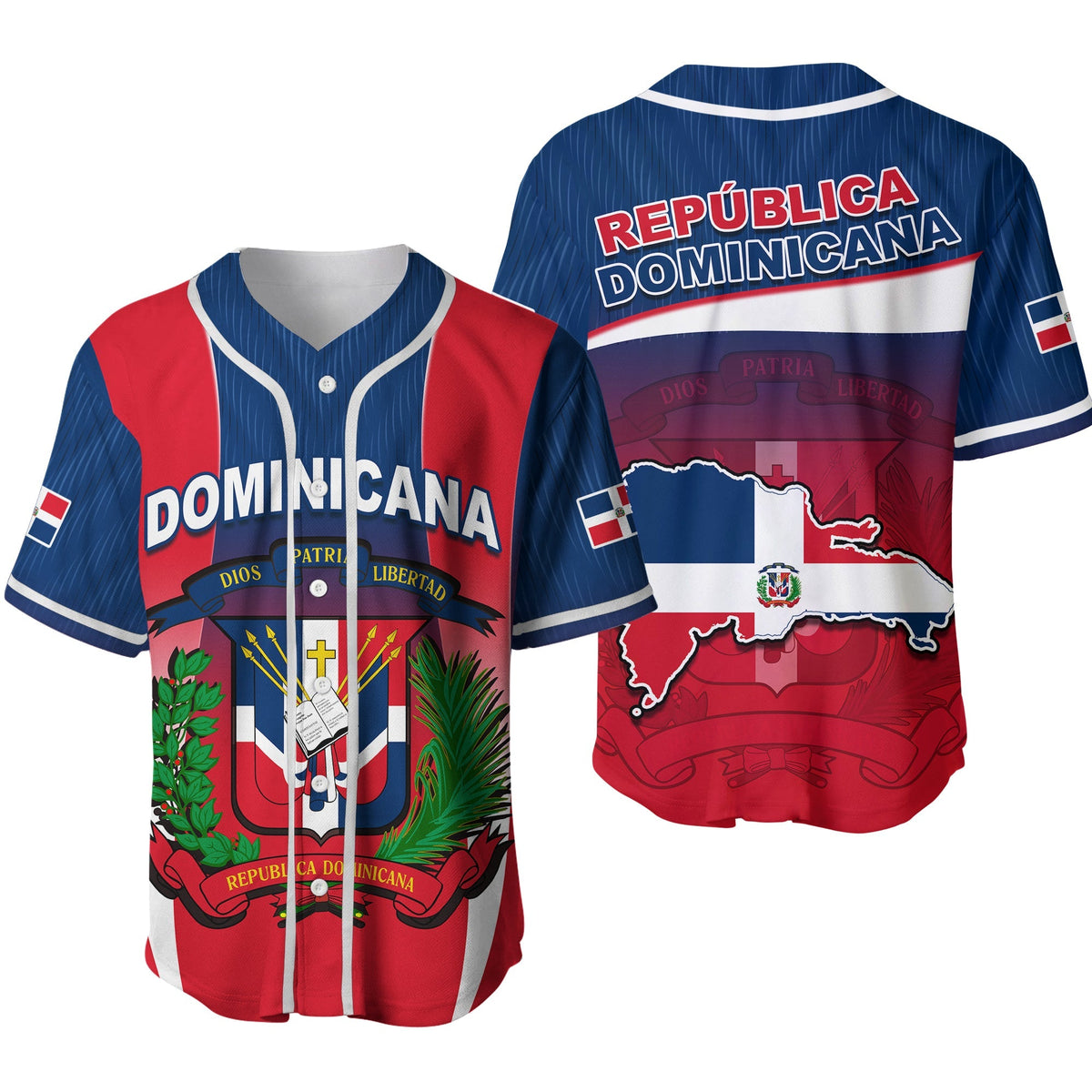 Blue Dominican Republic baseball jersey, front and back, button-front and crest graphic