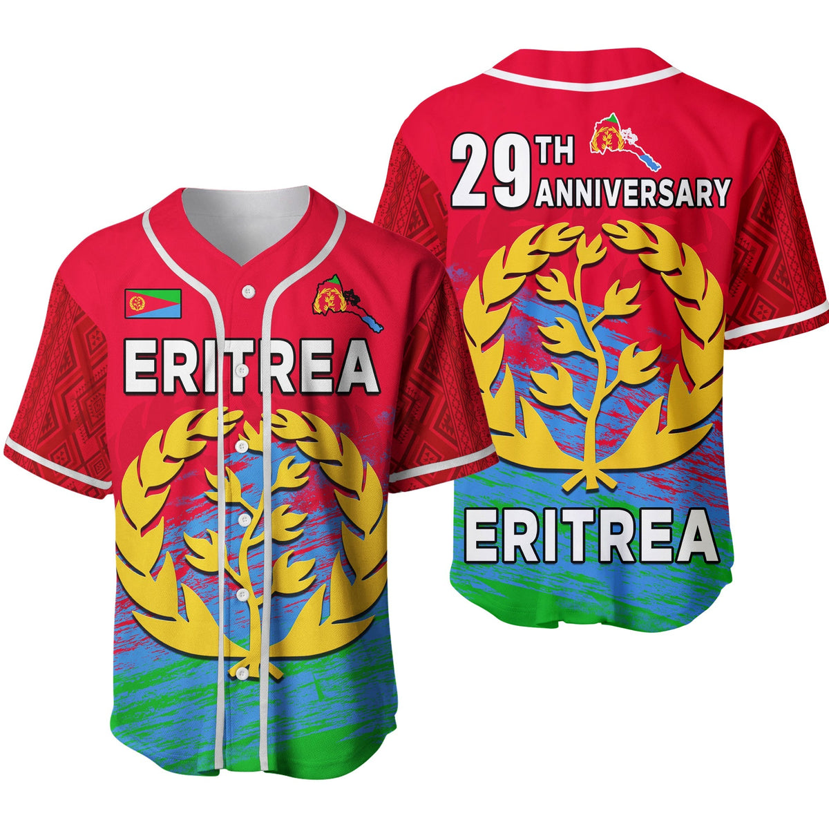 Red Eritrea baseball jersey with V-neck, button front, “ERITREA” print and flag emblem