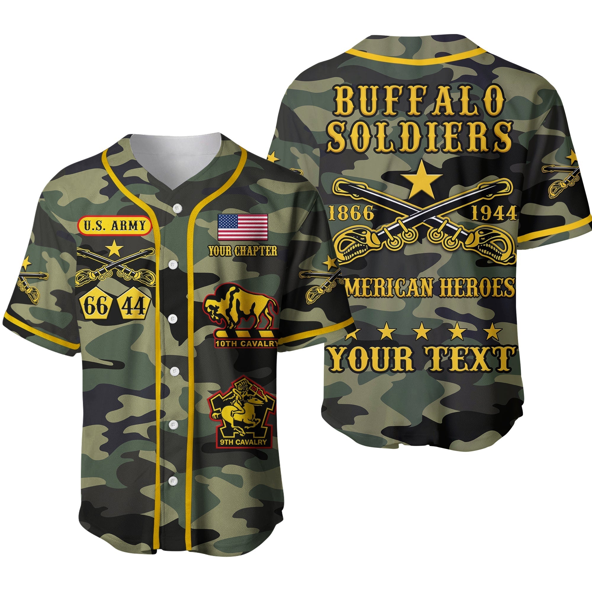 (Custom Text and Chapter) Buffalo Soldiers Baseball Jersey Camouflage American Heroes BSMC Ver.02 LT13 - Wonder Print Shop