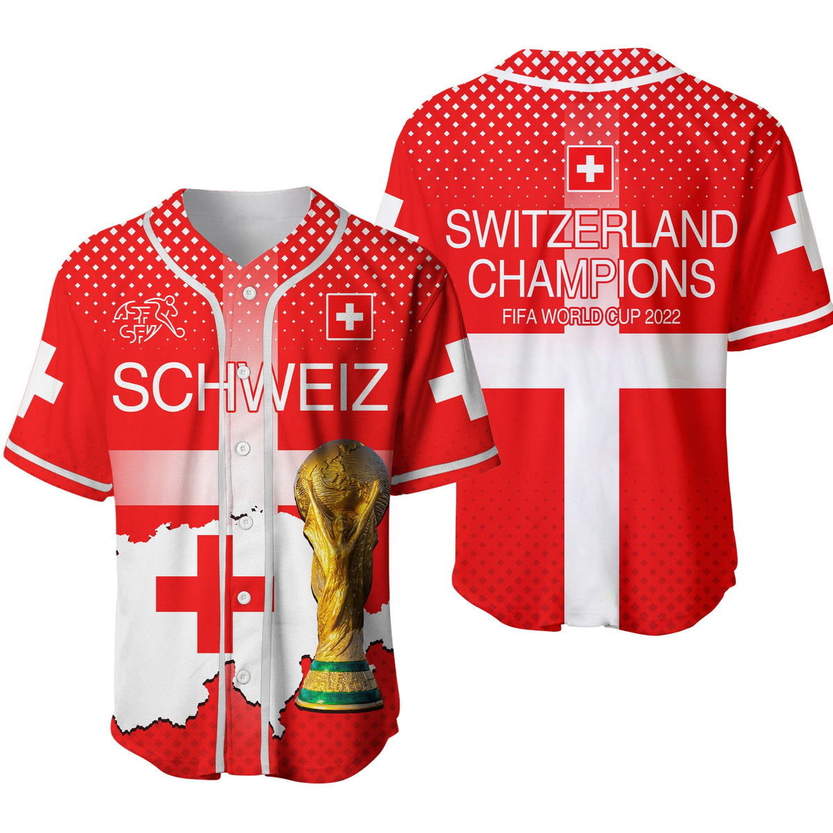 Red and white Switzerland baseball jersey with button front, Swiss cross, and checker trim.