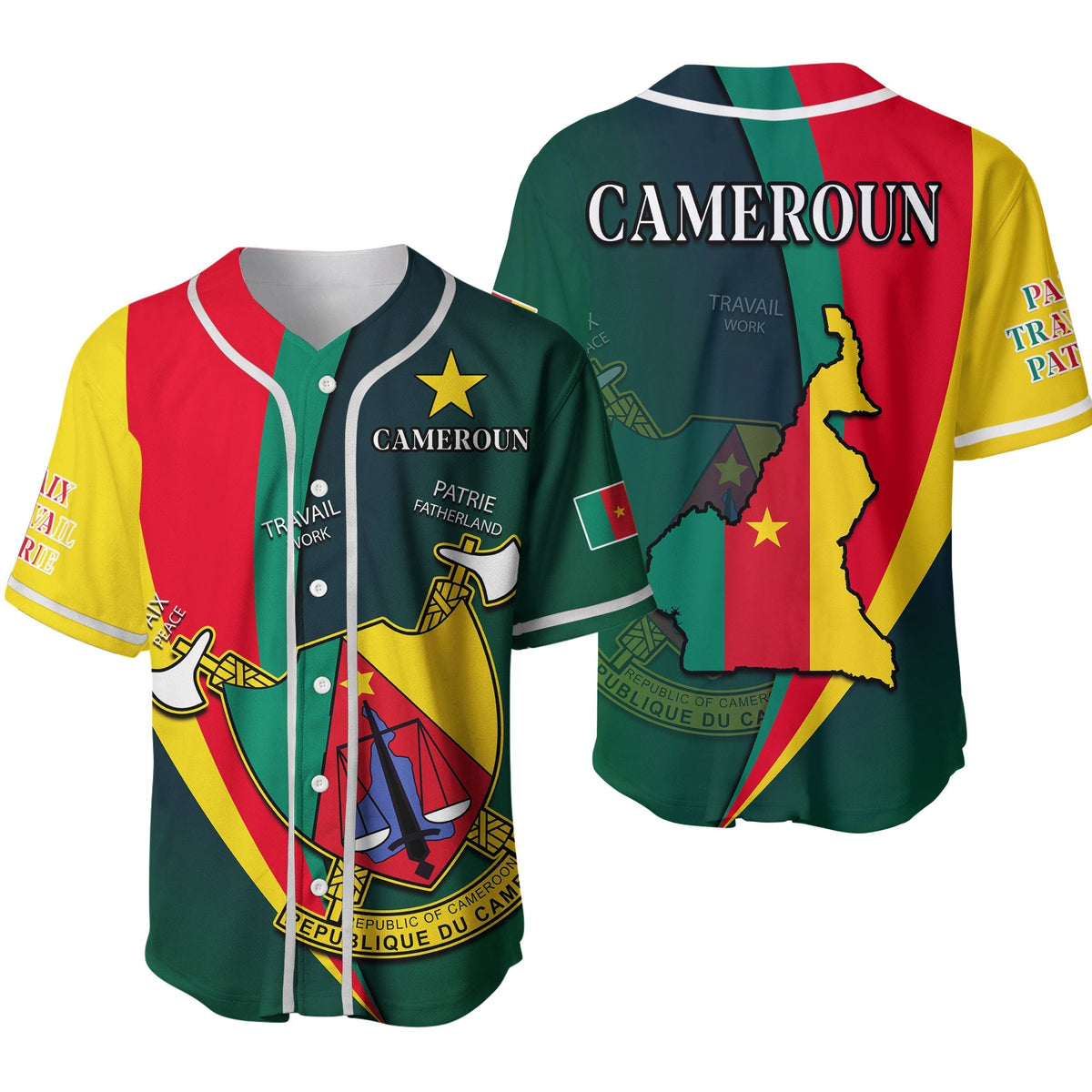 Green Cameroon baseball jersey with CAMEROUN text, map and flag panels