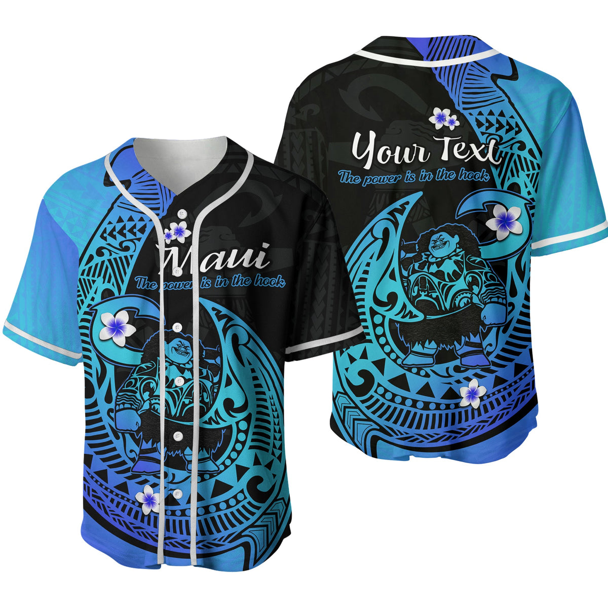 Turquoise and black baseball jersey with polynesian pattern, button-front, short sleeves