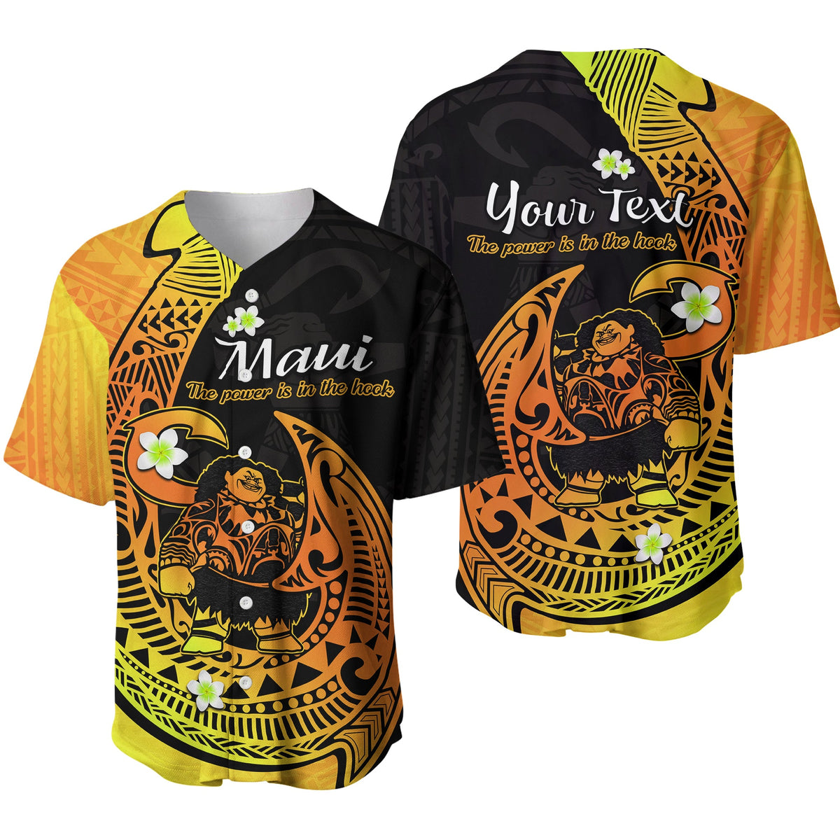 Polynesian-style baseball jersey with black and gold gradient, tiki pattern, floral accents