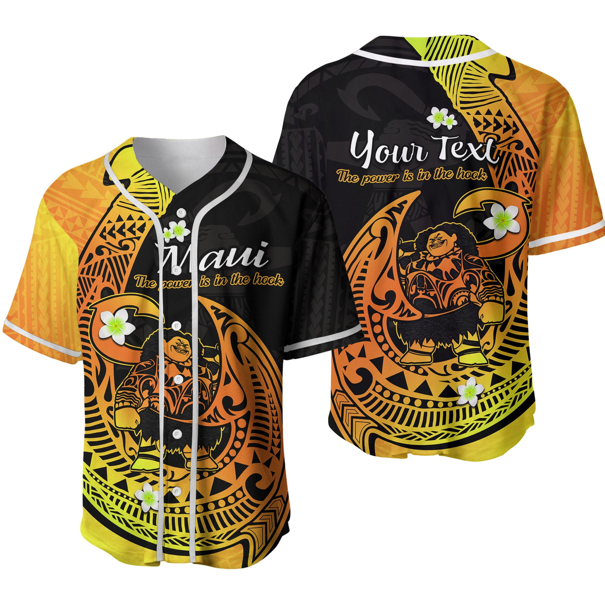 Baseball jersey with black and gold Polynesian-style print and yellow trim