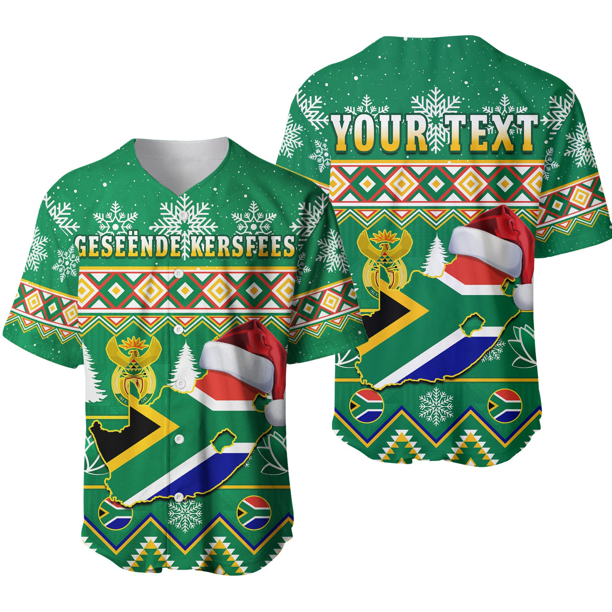 Green baseball jersey with holiday print, “GESEËNDE KERSFEES” and South Africa map flag