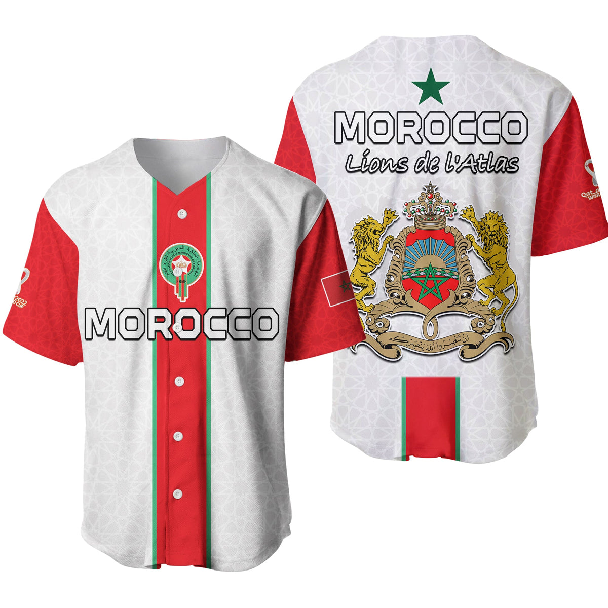 White Morocco football jersey with green-red vertical stripe, Morocco Lions crest, V-neck.