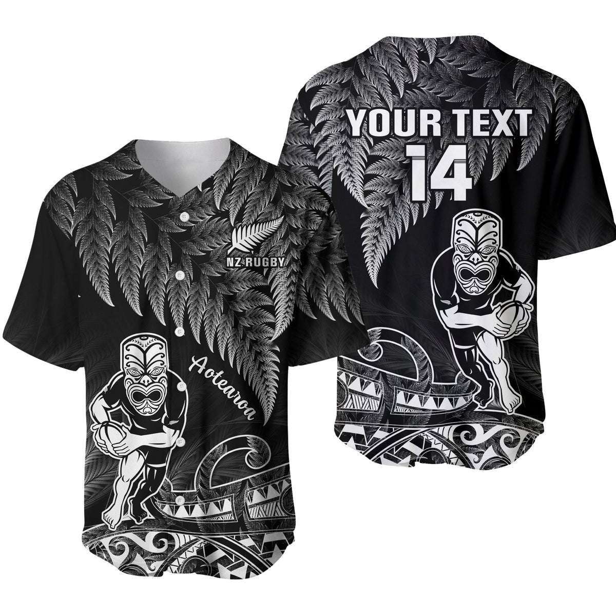 Black rugby baseball jersey with fern leaf pattern, Maori figure graphic, V-neck and custom text/14
