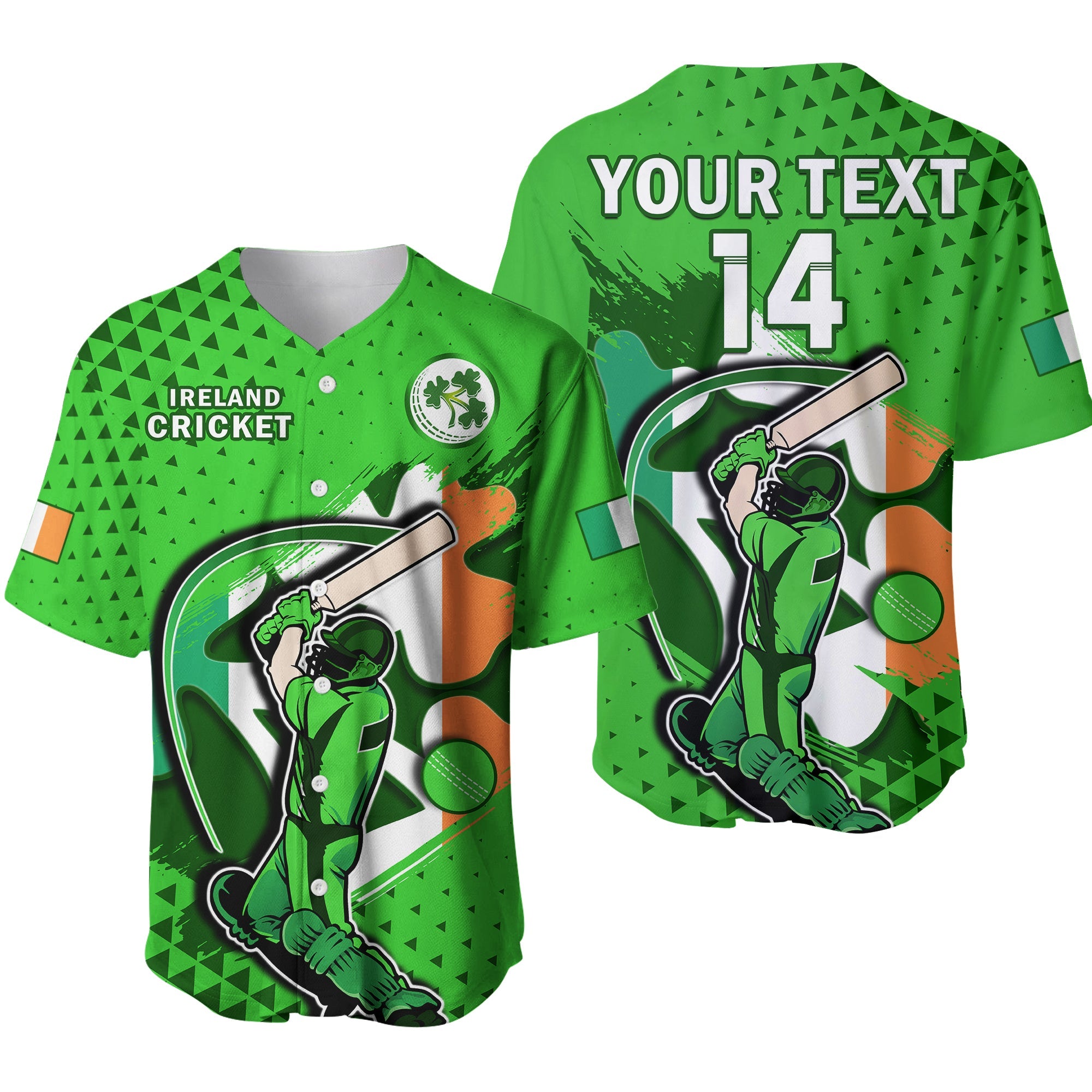 (Custom Text And Number) Ireland Cricket Baseball Jersey Irish Flag Shamrock Sporty Style - Wonder Print Shop