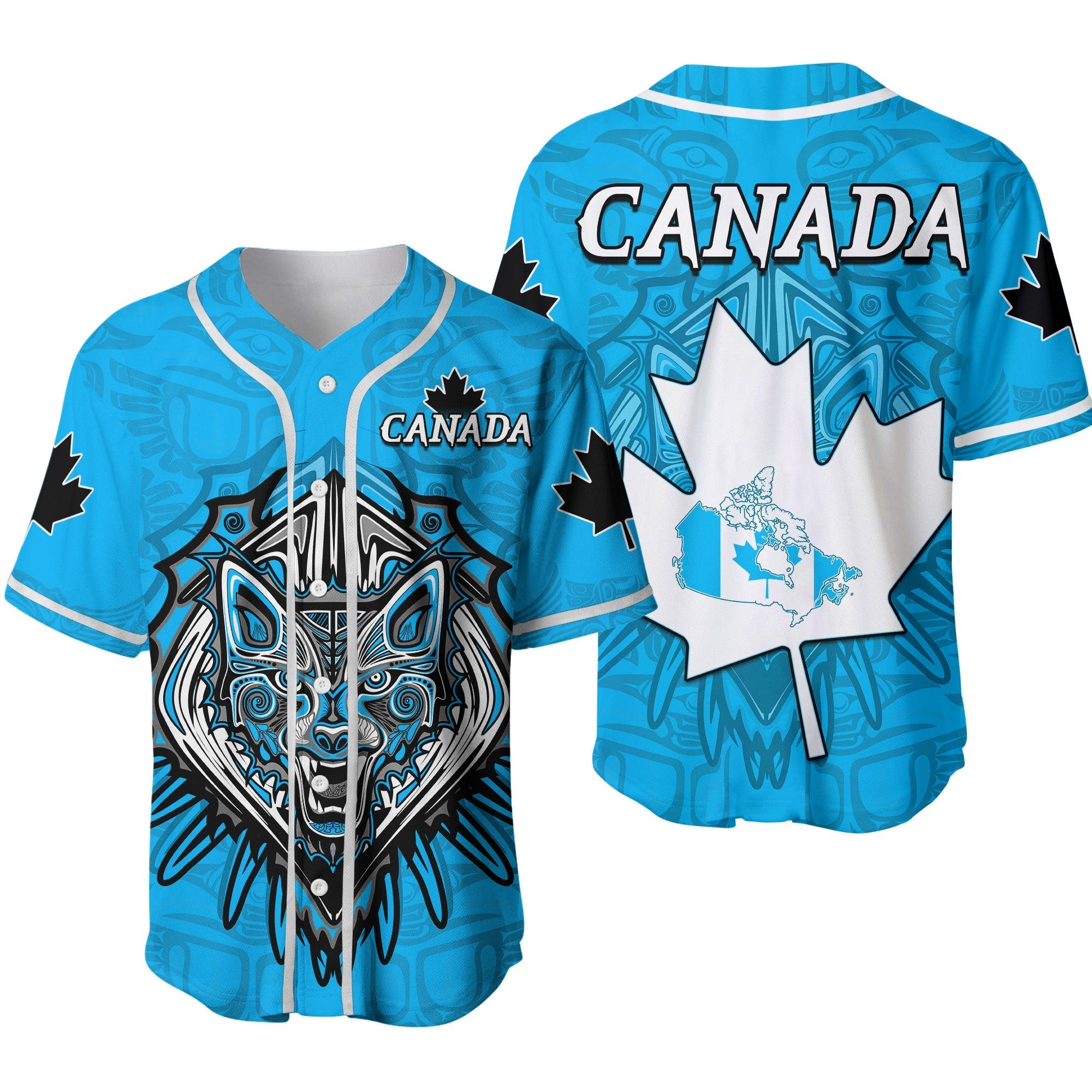 Canada Maple Leaf Baseball Jersey Blue Haida Wolf LT13 - Wonder Print Shop