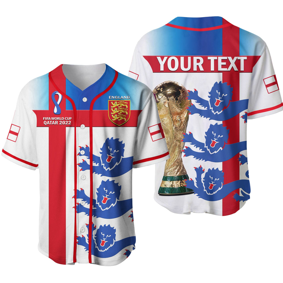 England baseball jersey with V-neck, button front, white, red, blue lion crest and 'YOUR TEXT'