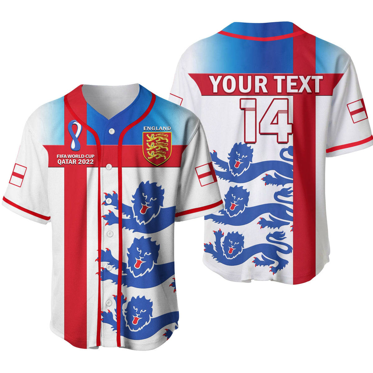 Baseball jersey, white/red/blue, custom text and number 14 with lion crest