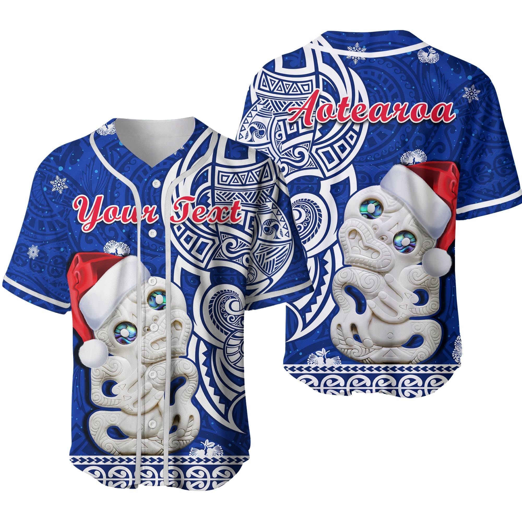 Custom Personalised New Zealand Christmas Baseball Jersey Hei Tiki Blue Pohutukawa Meri Kirihimete Ver.02 - Wonder Print Shop