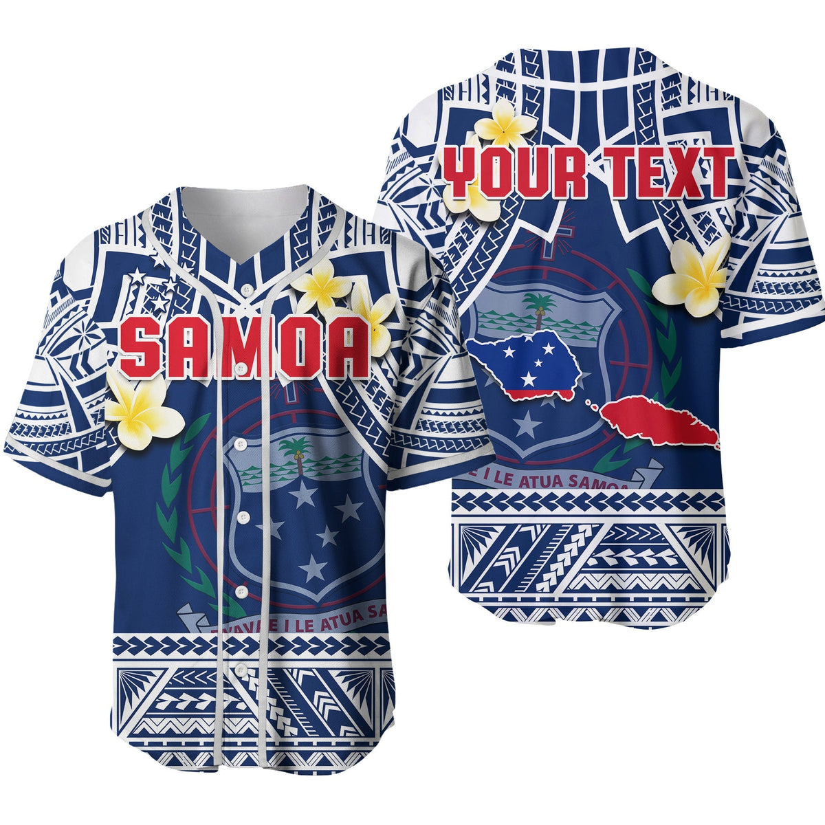 Blue Samoa baseball jersey with white geometric pattern, plumeria flowers, and red 'SAMOA' lettering