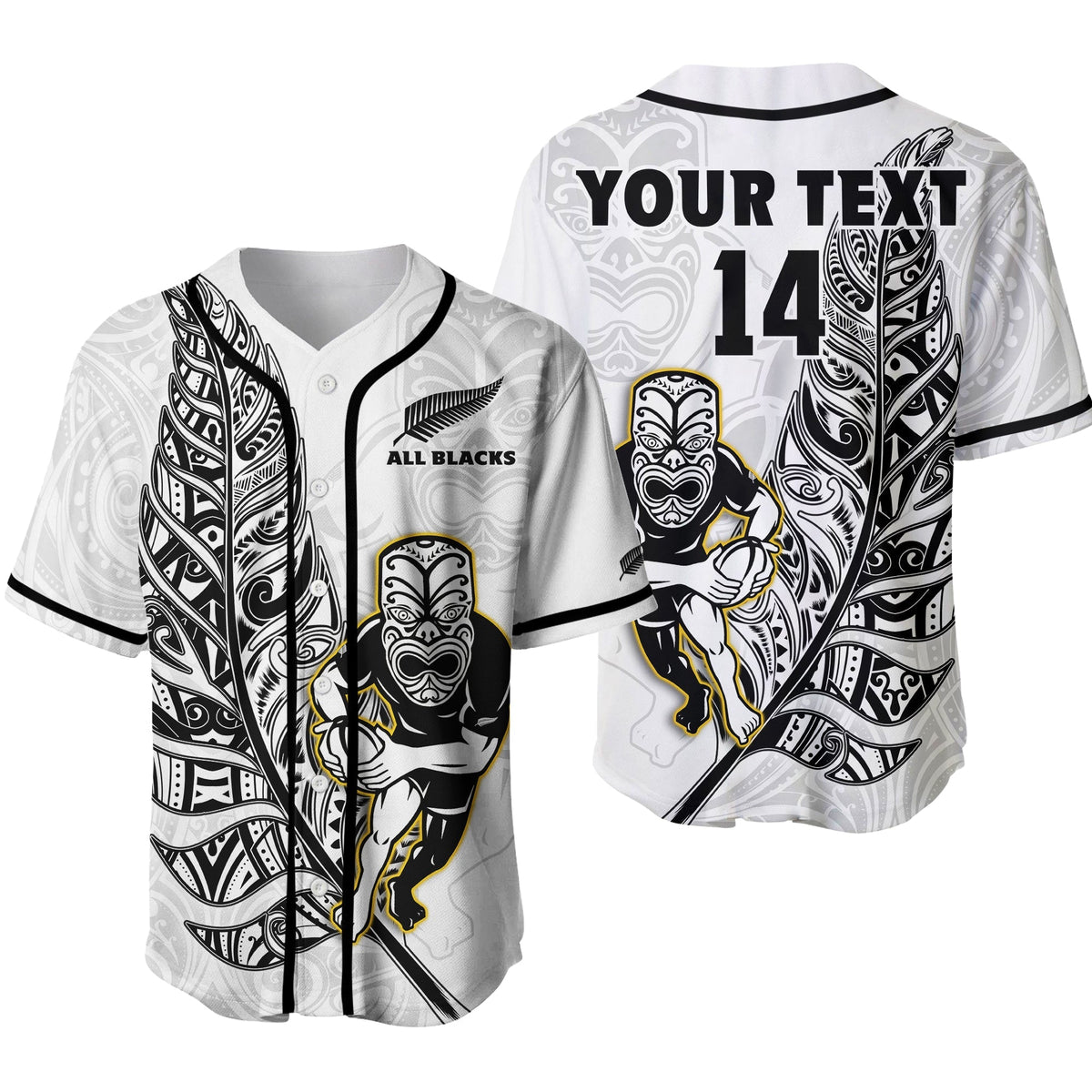 White rugby jersey with black trim, Maori art, 'YOUR TEXT' and #14 on back