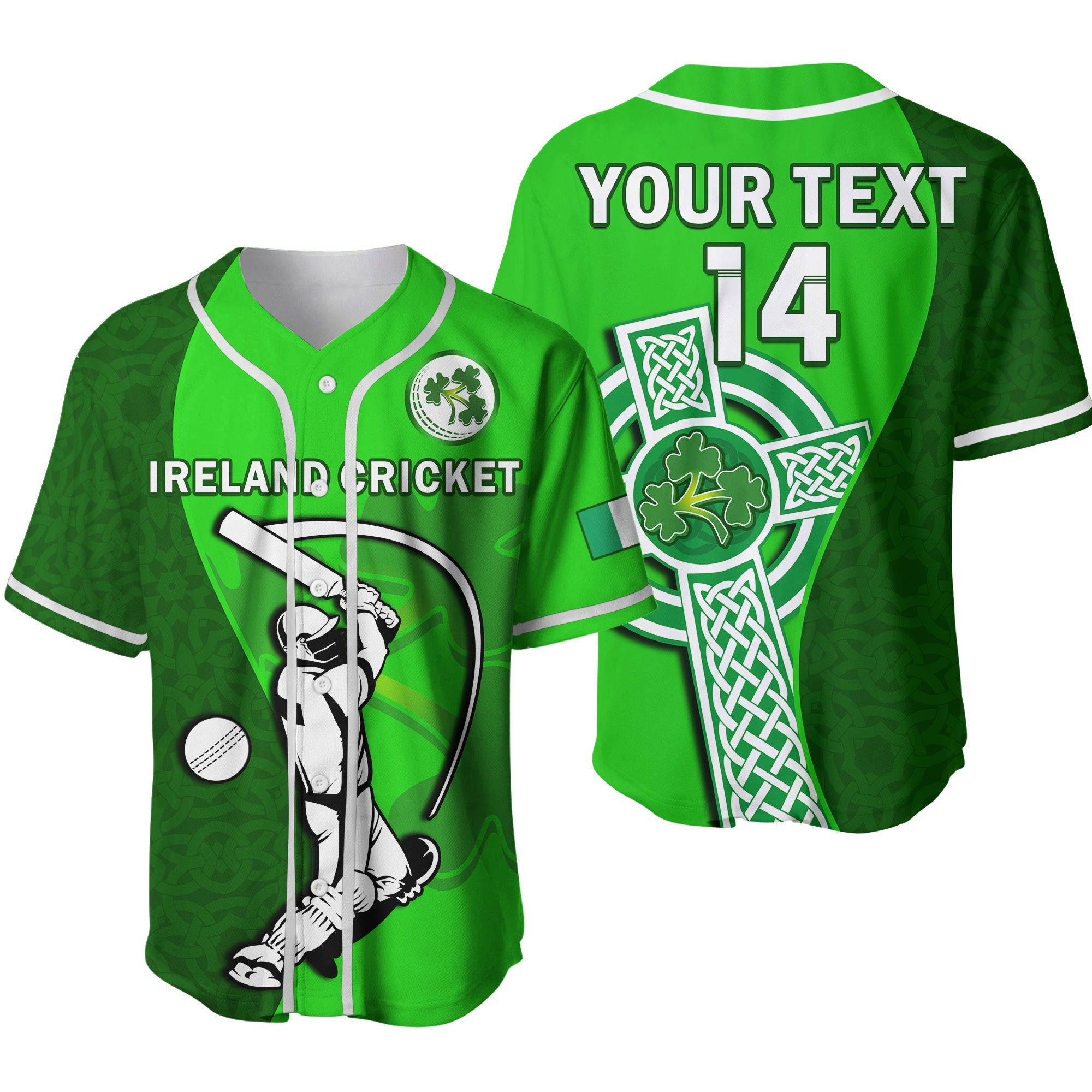 (Custom Text And Number) Ireland Cricket Baseball Jersey Irish Flag Celtic Cross Sporty Style Ver.02 - Wonder Print Shop