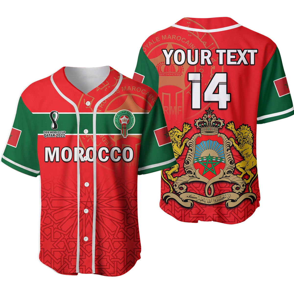Red baseball jersey, white trim, button front, crest and 'YOUR TEXT' 14