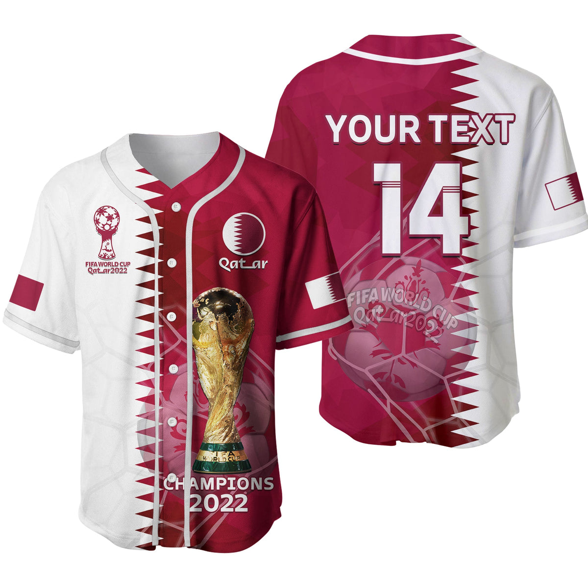 Maroon and white baseball jersey with button front, Qatar emblem, and custom 14