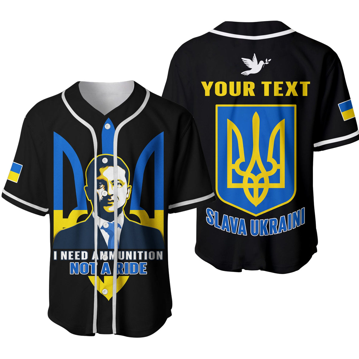Black baseball jersey with white trim, button placket, and blue-gold emblem print