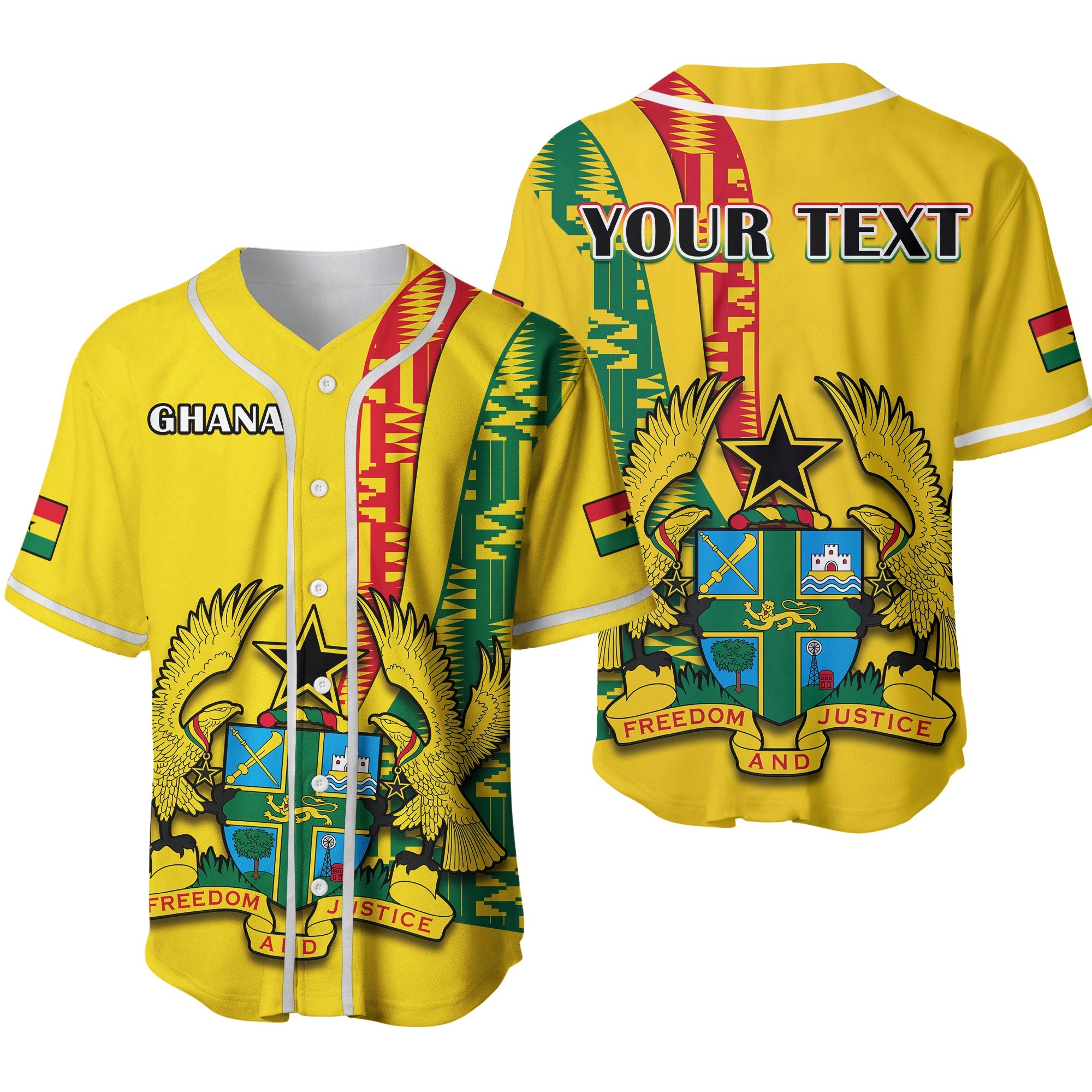 (Custom Personalised) Ghana Baseball Jersey Ghanan Coat Of Arms Mix Kente Pattern Ver.02 - Wonder Print Shop