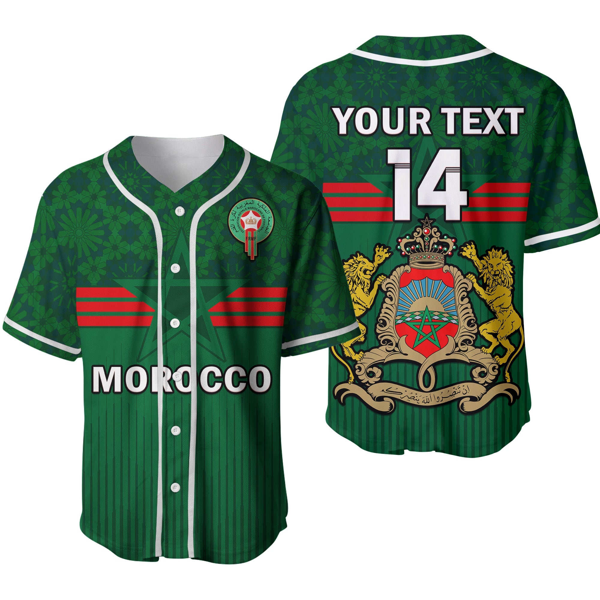 (Custom Text And Number) Morocco Football Baseball Jersey World Cup 2022 Green Moroccan Pattern Ver.02 - Wonder Print Shop