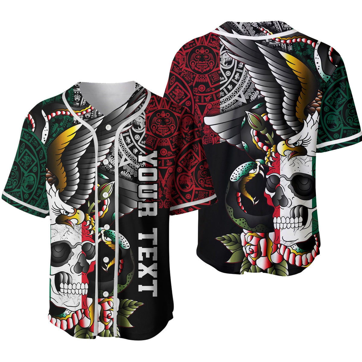Black Mexico baseball jersey with colorful skull, eagle, and angry snake graphic print