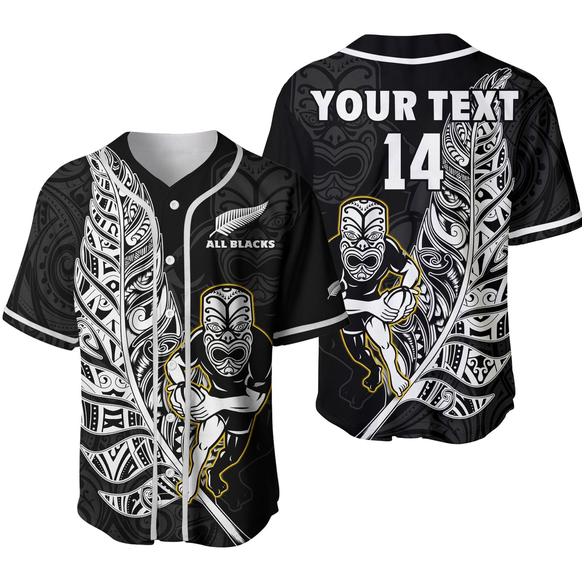 Black rugby baseball jersey with white trim, Maori pattern, custom text and number 14