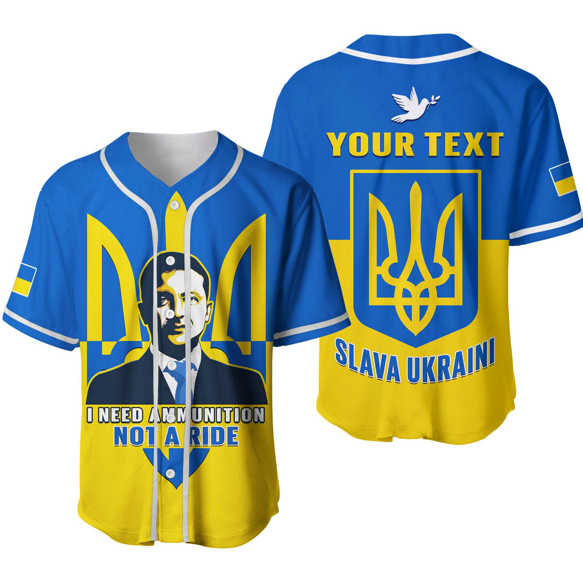 Blue and yellow baseball jersey with white trim, button front, and large trident graphic