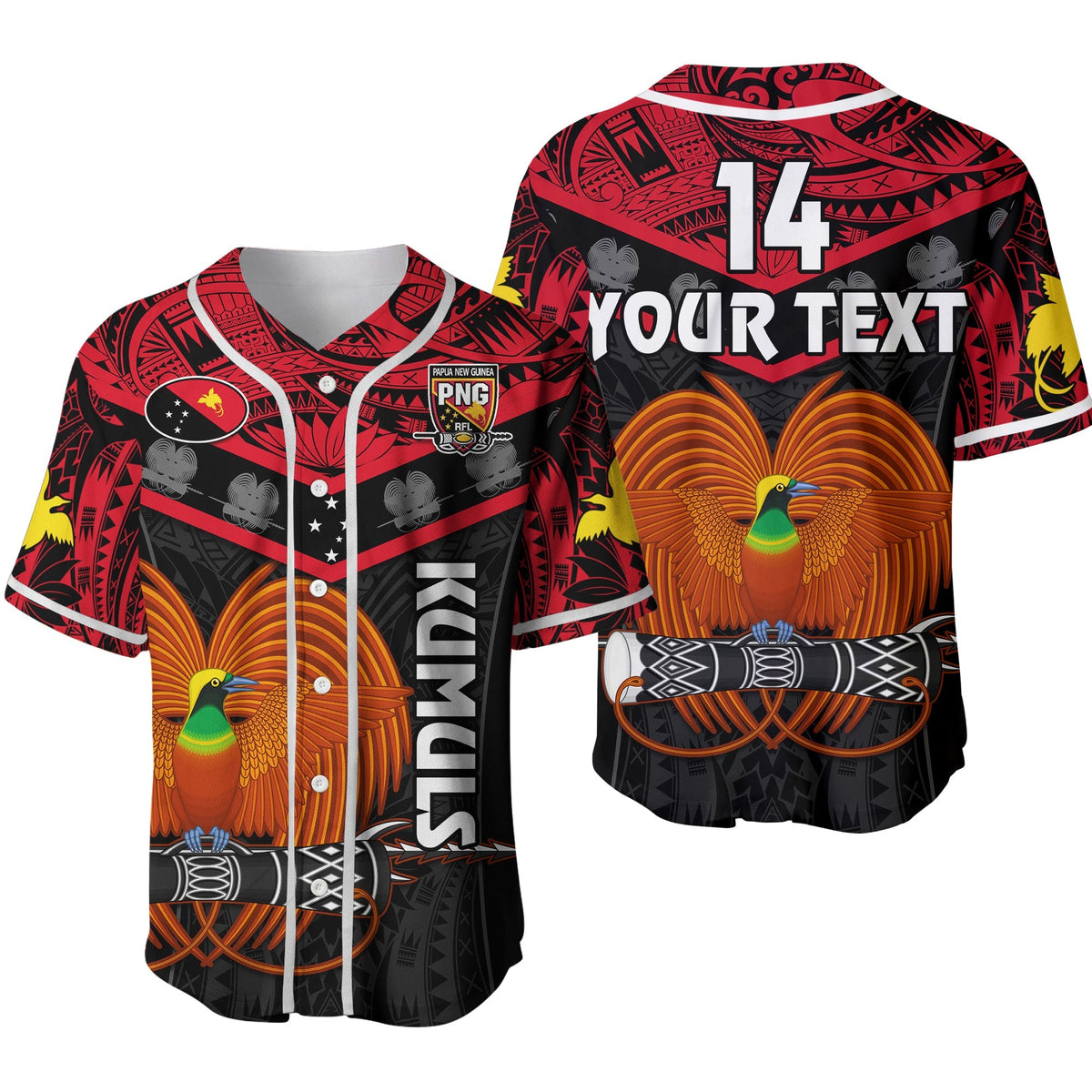 Black Papua New Guinea rugby baseball jersey with custom text, number 14, red patterned sleeves