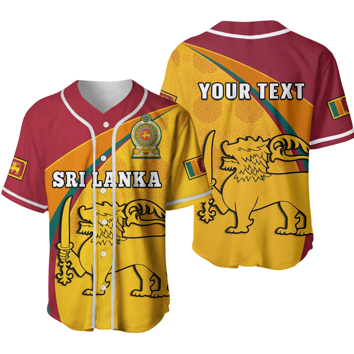 Baseball jersey with red sleeves, gold patterned front, white trim, lion crest and name text