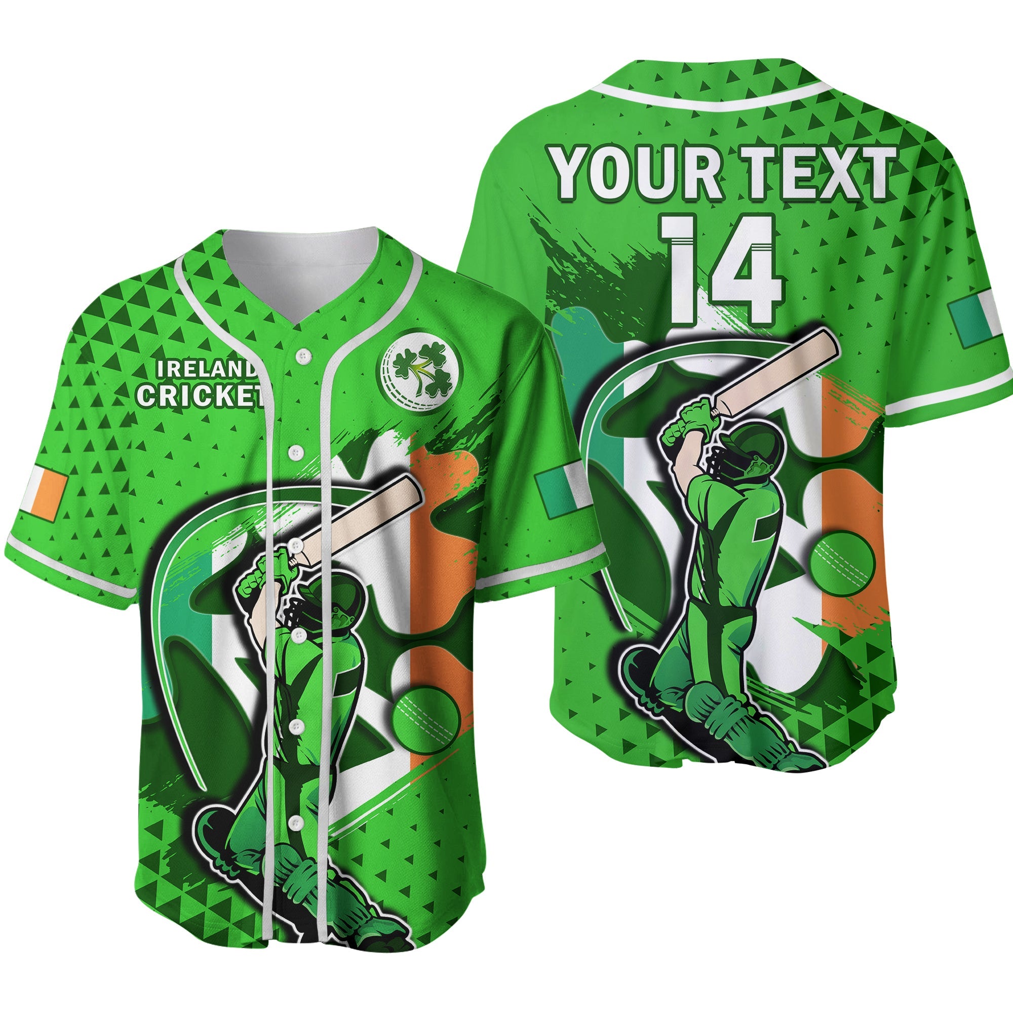 (Custom Text And Number) Ireland Cricket Baseball Jersey Irish Flag Shamrock Sporty Style Ver.02 - Wonder Print Shop