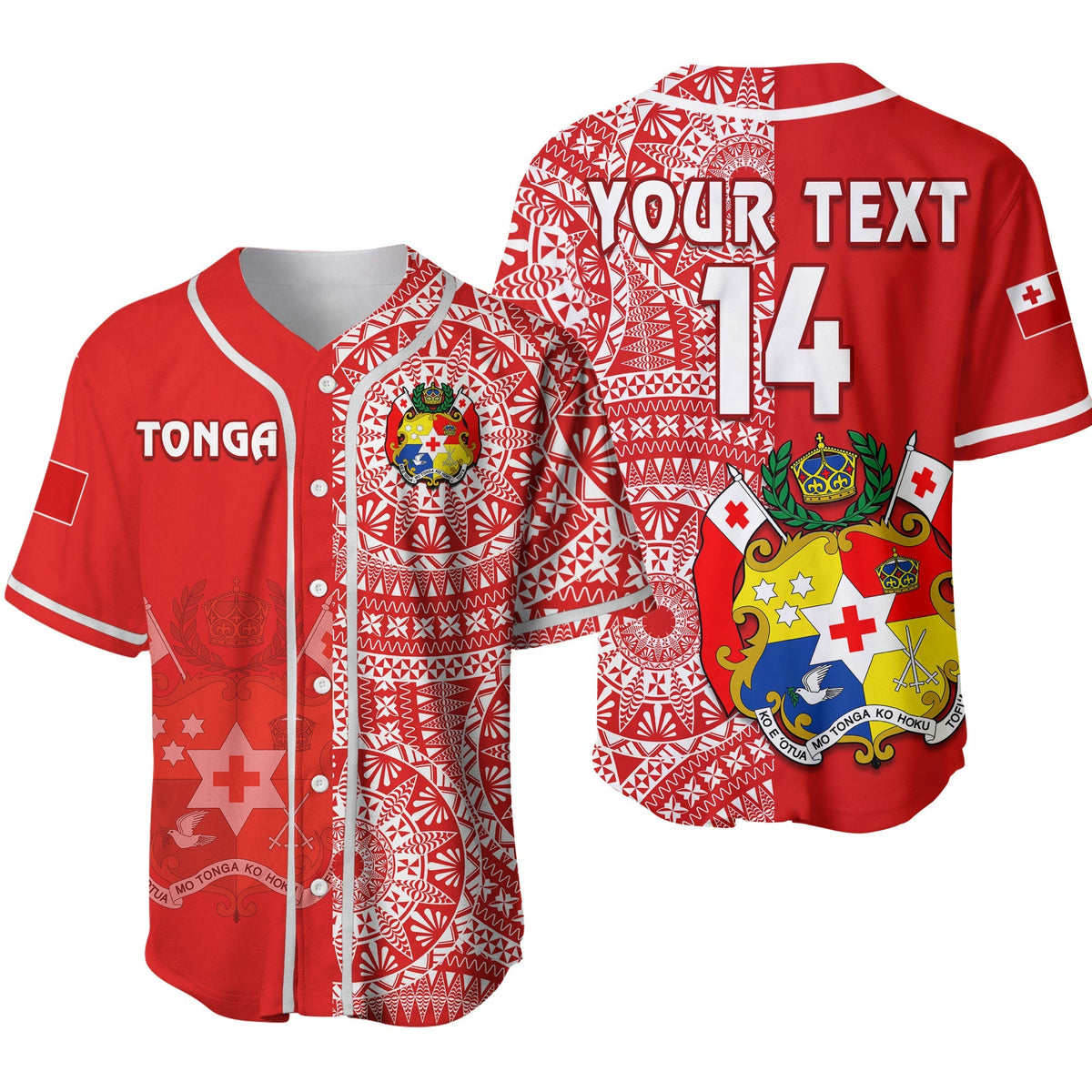 Red baseball jersey with white trim, Tonga front, back print with number 14 and crest