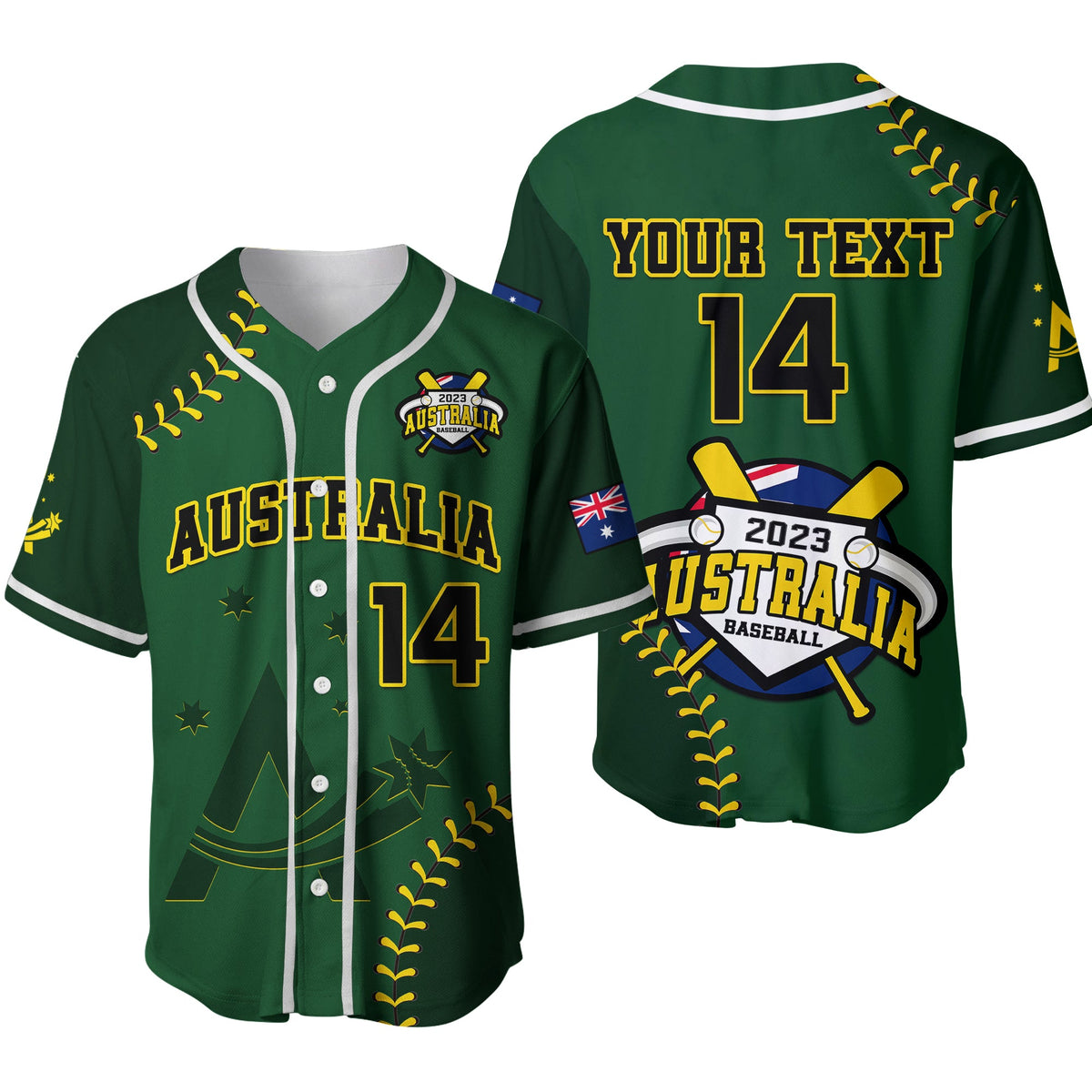 Green Australia baseball jersey with white trim, button placket, number 14, custom text