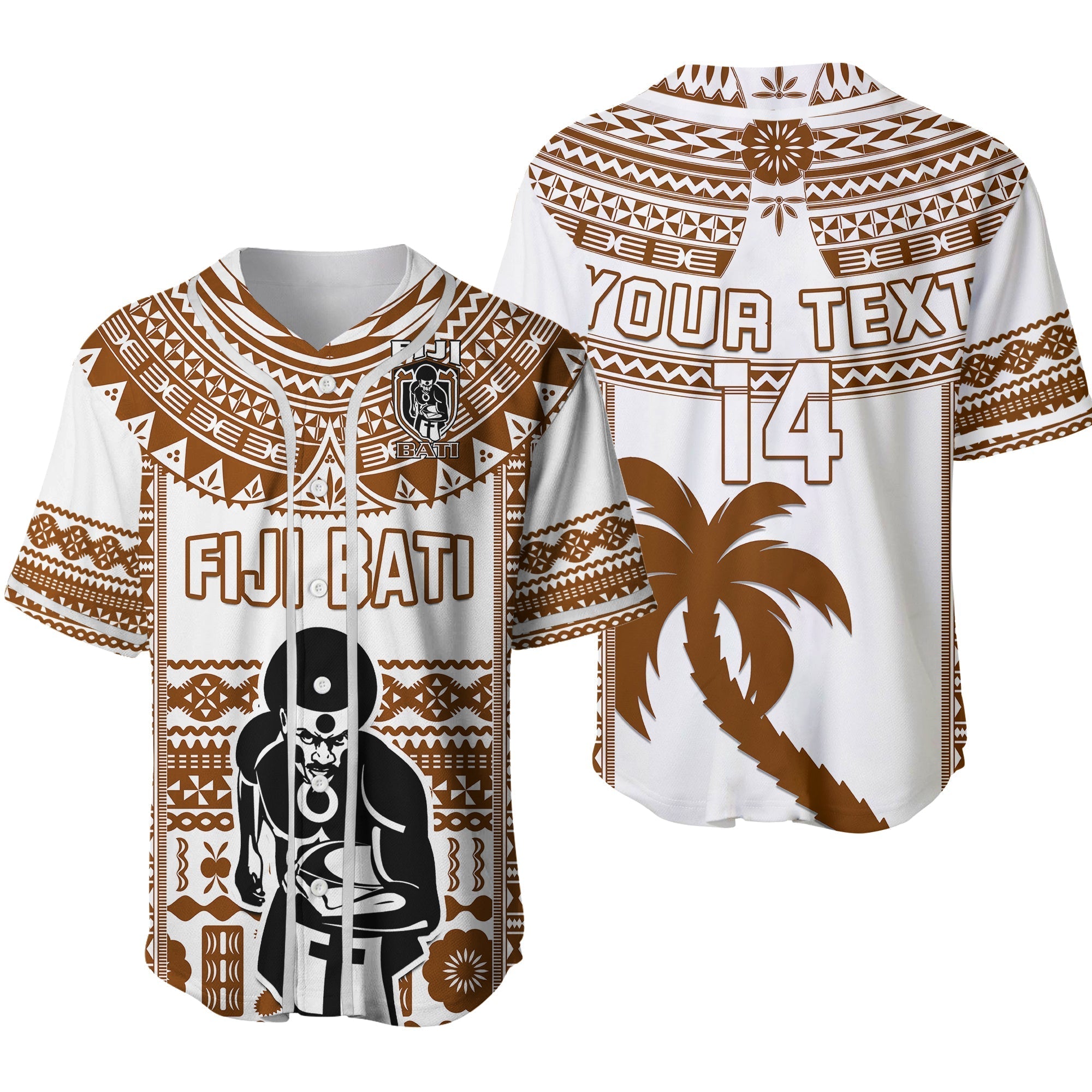 Custom Text And Number Fiji Rugby Baseball Jersey Pacific The Bati Brown Fijian Tapa Ver.02 - Wonder Print Shop