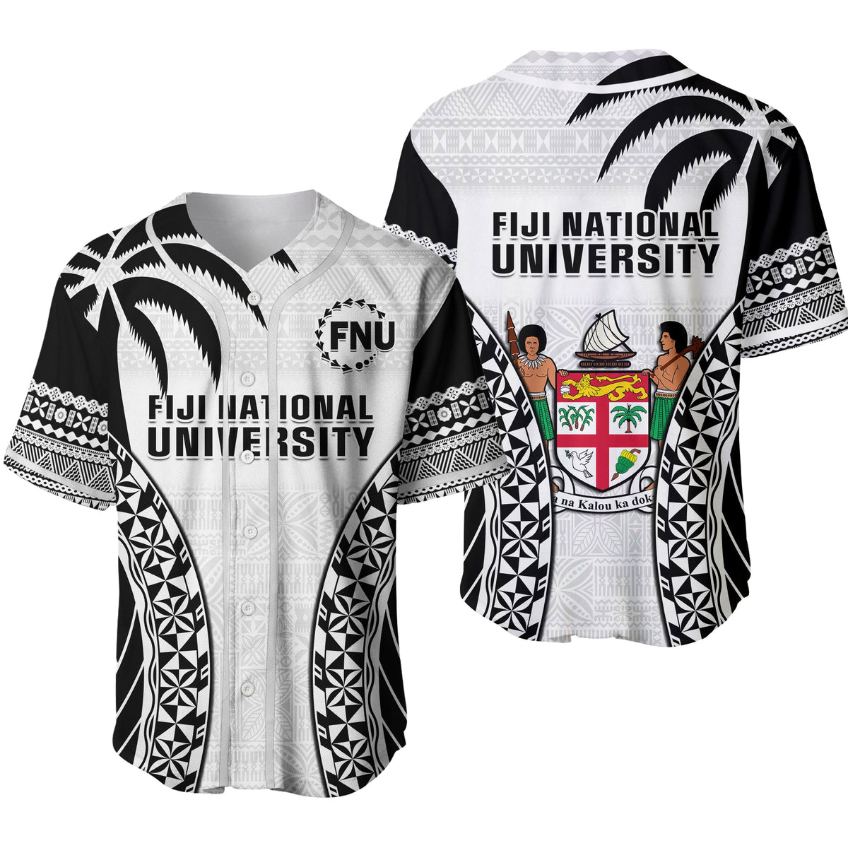 White baseball jersey with black patterned sleeves, button front, university crest