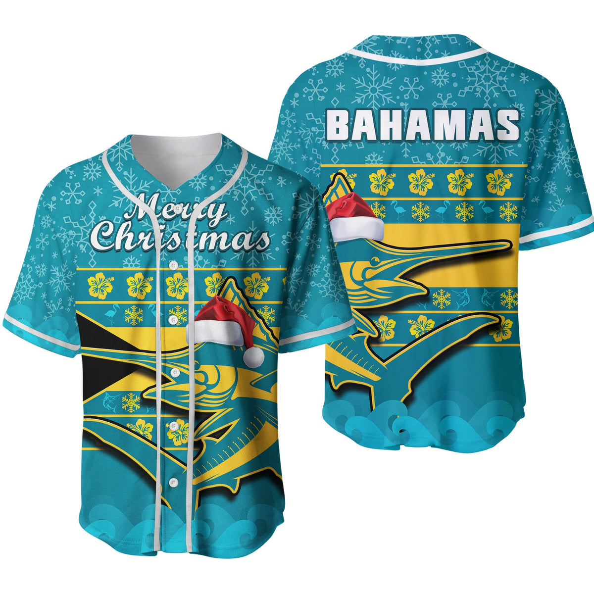 Teal Bahamas baseball jersey: Merry Christmas front, Bahamas back, marlin graphics