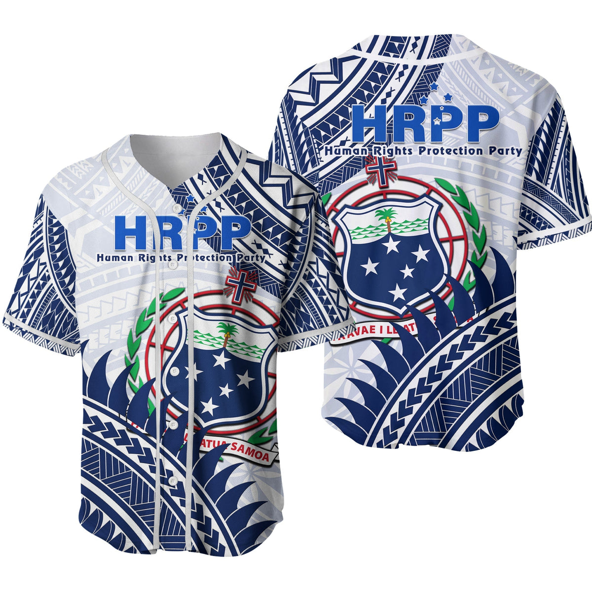 White baseball jersey with blue geometric pattern and Samoa crest graphic, button front