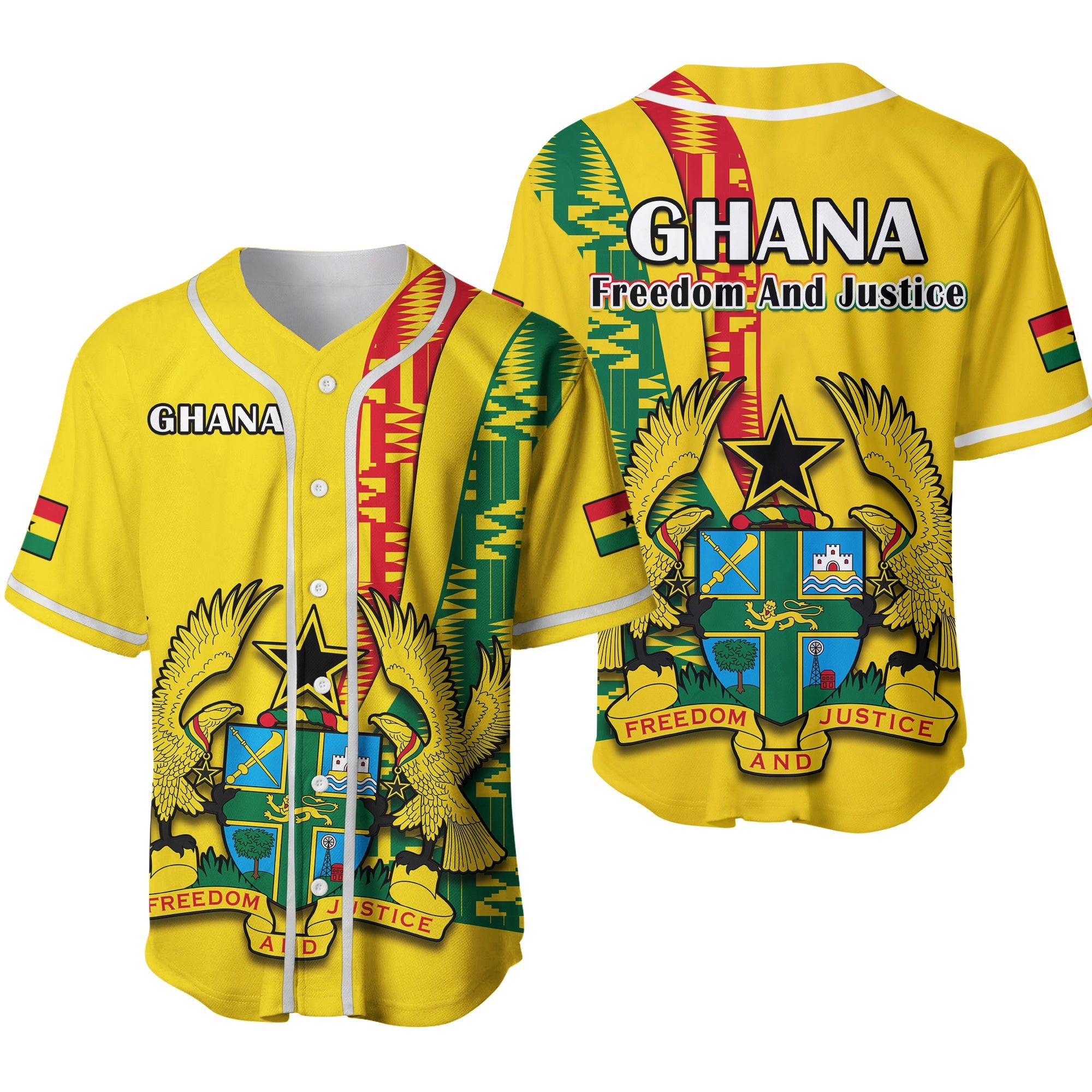 Ghana Baseball Jersey Ghanan Coat Of Arms Mix Kente Pattern Ver.02 - Wonder Print Shop