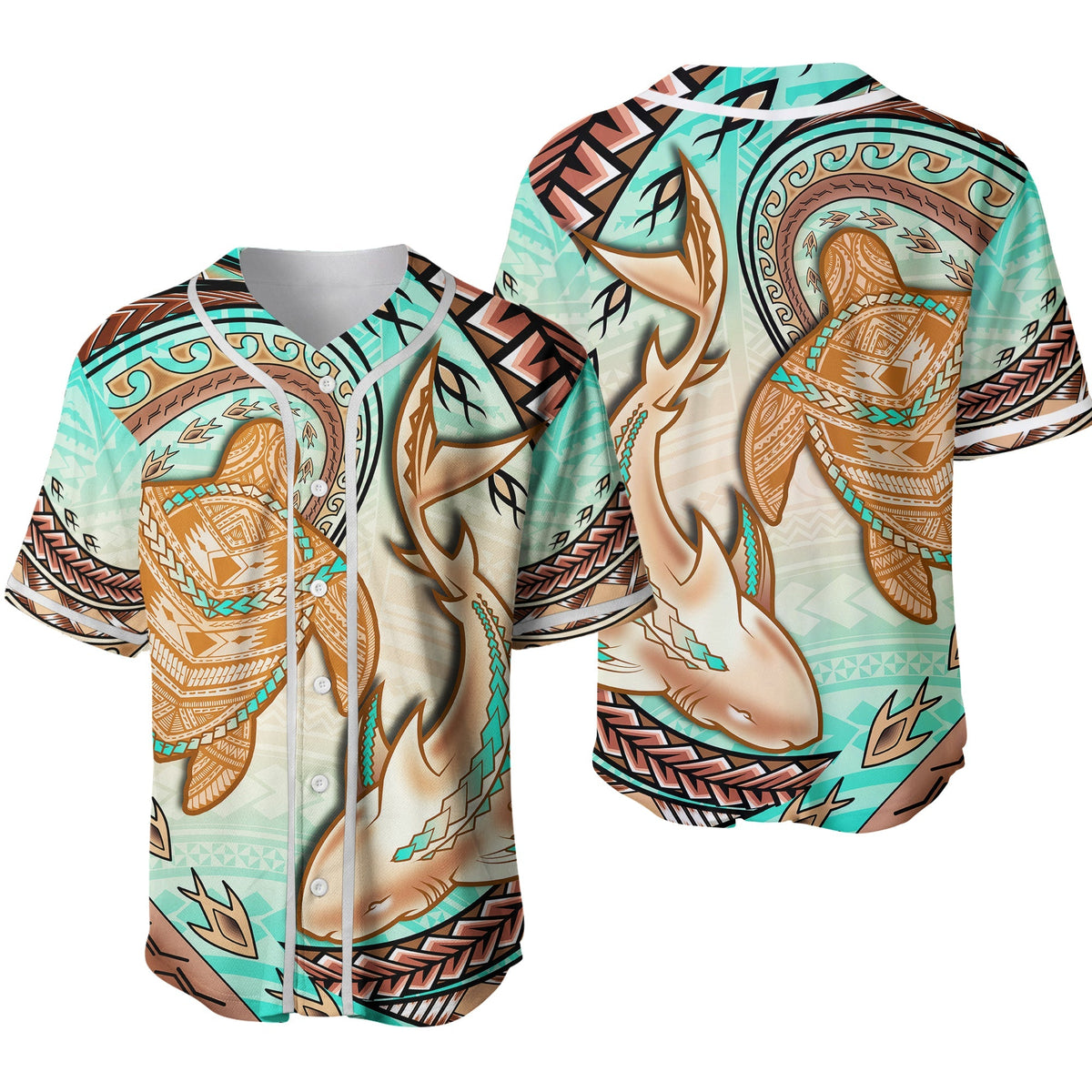 Turquoise baseball jersey with Polynesian shark & sea turtle front and back graphics