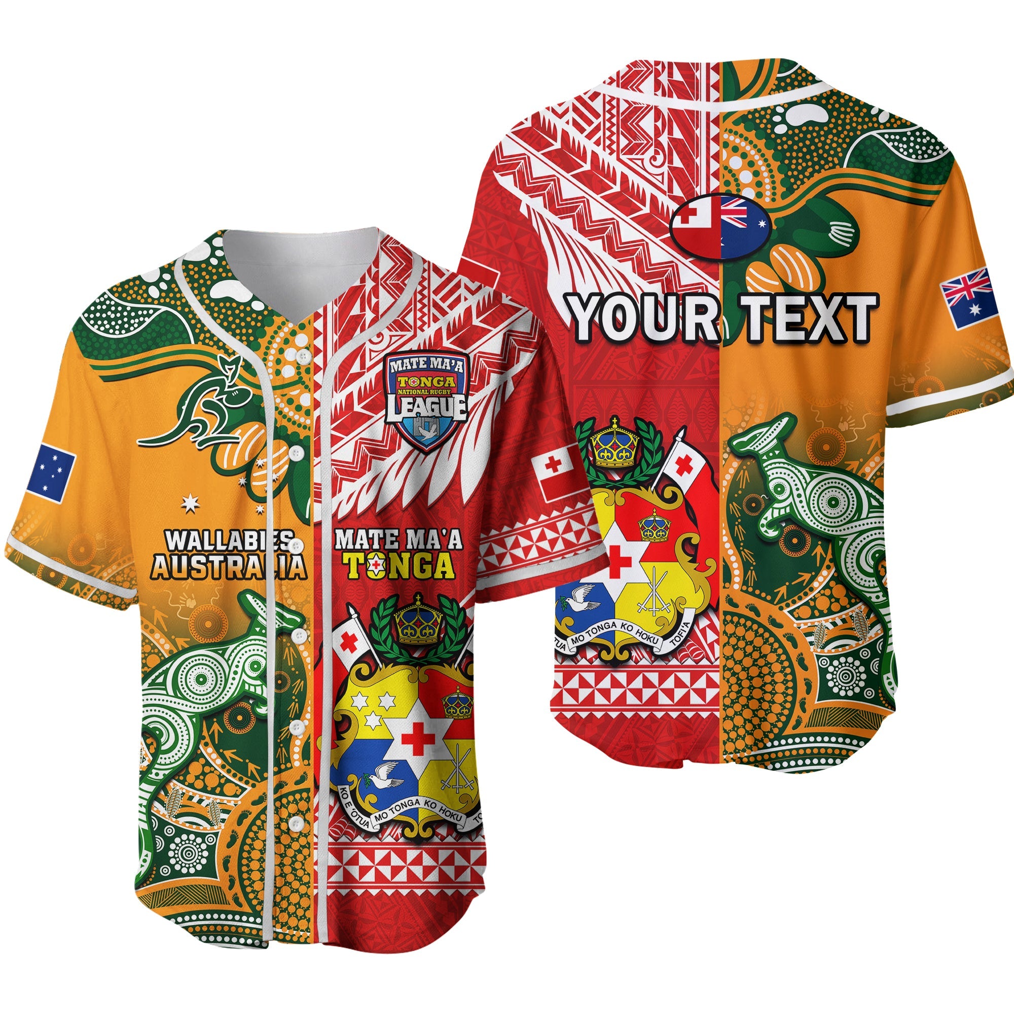 (Custom Personalised) Mate Maa Tonga And Wallabies Rugby Baseball Jersey Polynesian Mix Aboriginal Ver.02 - Wonder Print Shop