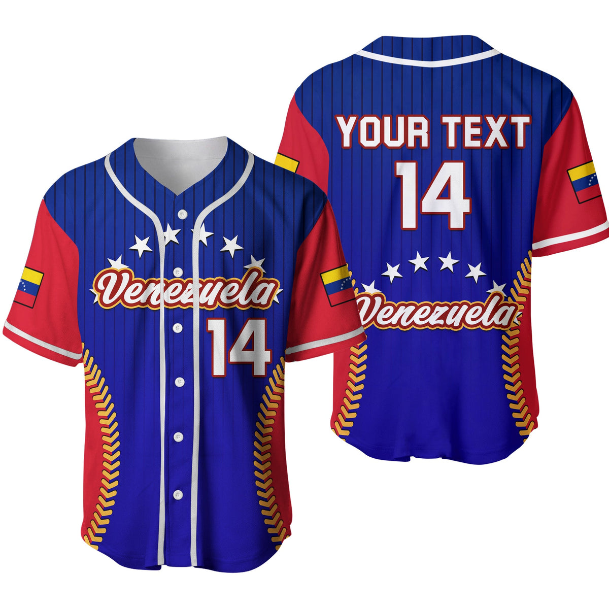 Blue baseball jersey with red sleeves, stars, Venezuela logo, and number 14 on button-front