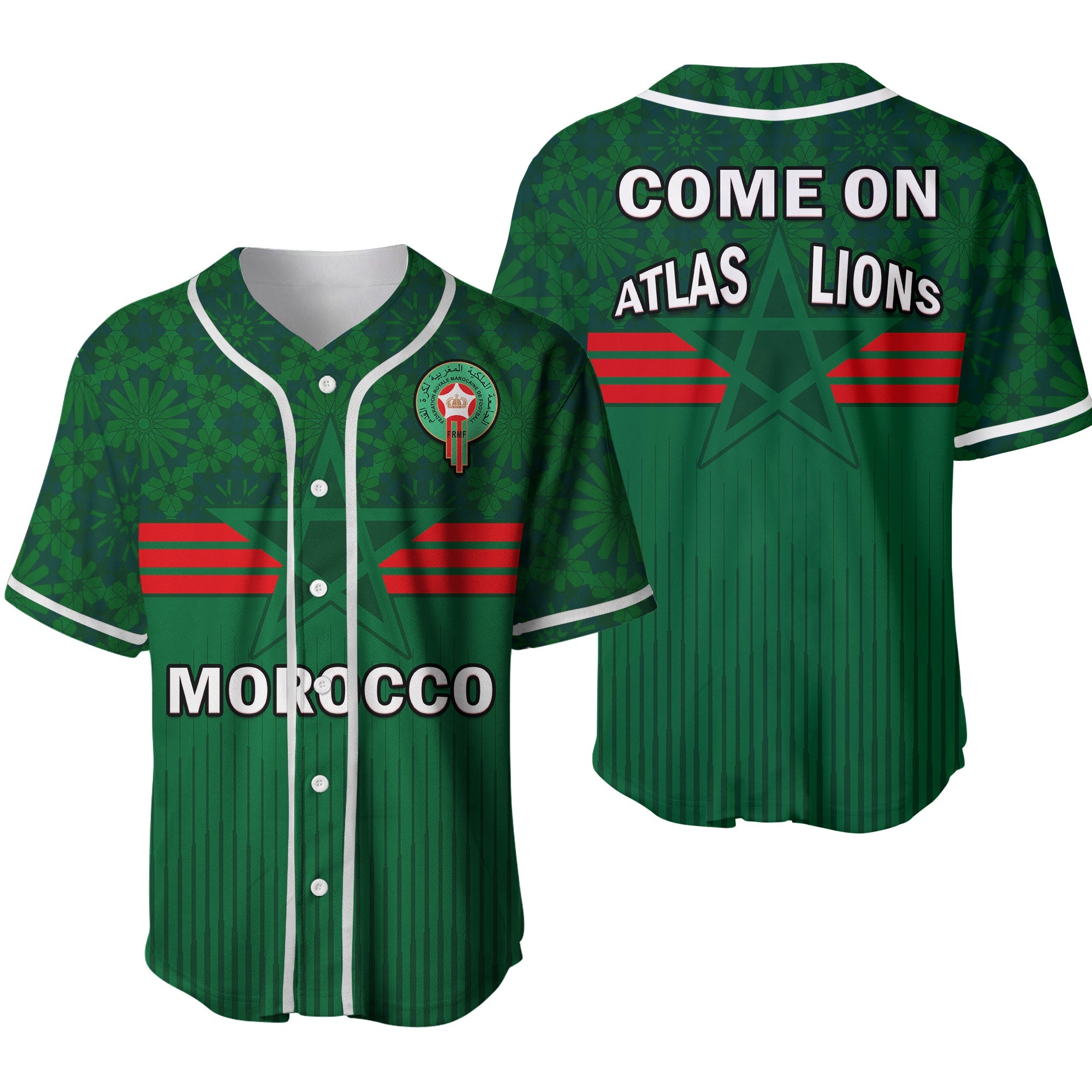 Morocco Football Baseball Jersey World Cup 2022 Green Moroccan Pattern Ver.02 - Wonder Print Shop