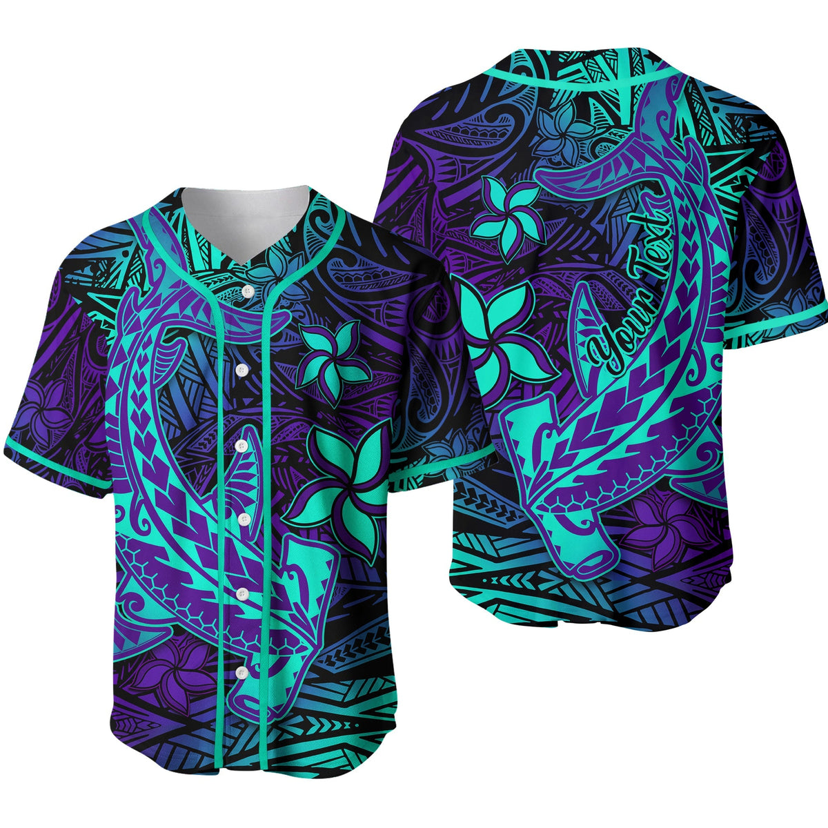 Purple baseball jersey with teal Polynesian tribal pattern, button-front V-neck, short sleeves