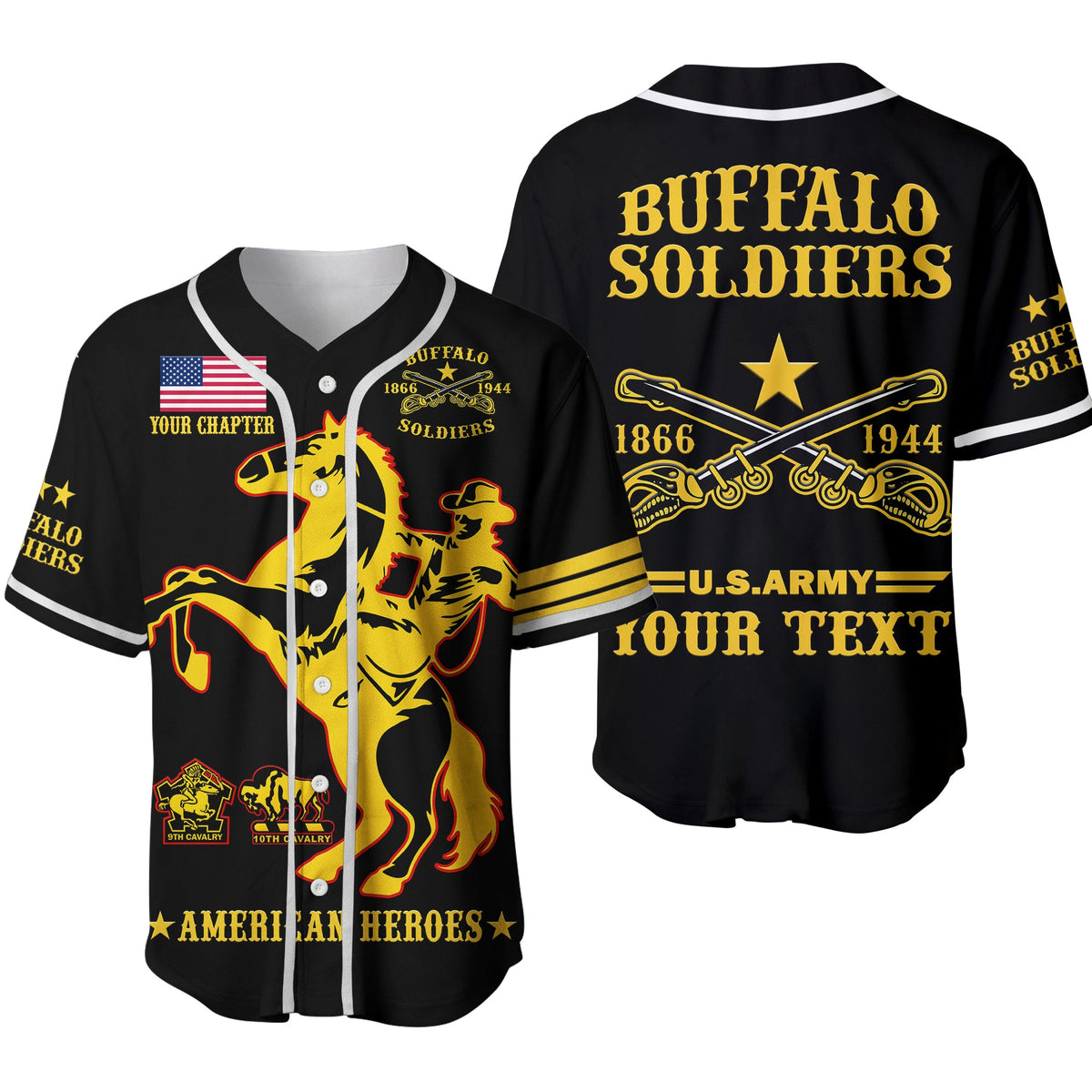 Black baseball jersey with white trim, Buffalo Soldiers chest graphic, stars and U.S. Army text