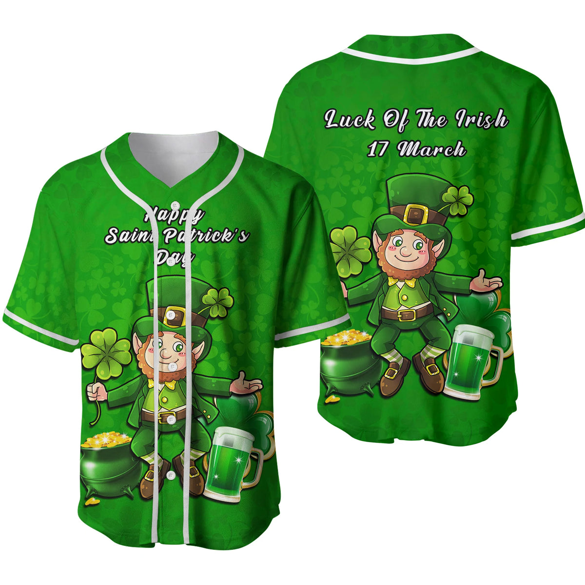 Green baseball jersey with white trim and leprechaun/shamrock graphic