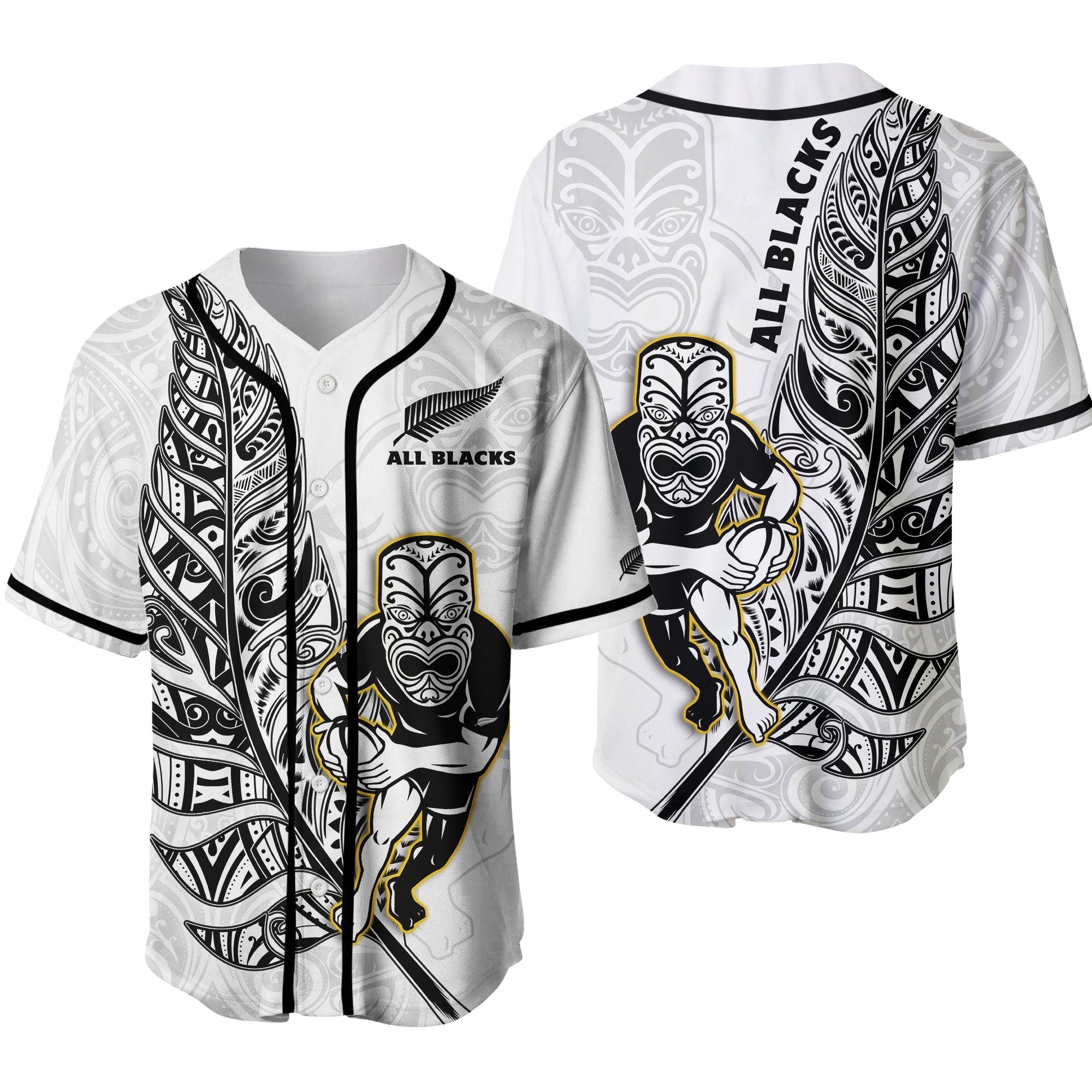 New Zealand 2022 Rugby Baseball Jersey All Black Silver Fern Maori Pattern Version White Ver.02 - Wonder Print Shop