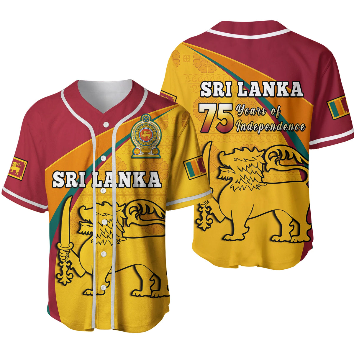 Sri Lanka baseball jersey with maroon and gold panels, Sri Lanka 75 Independence print