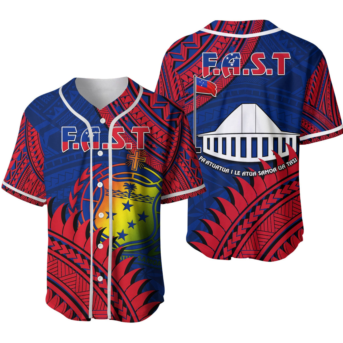 Blue F.A.S.T baseball jersey with button front, crest logo, red tribal pattern
