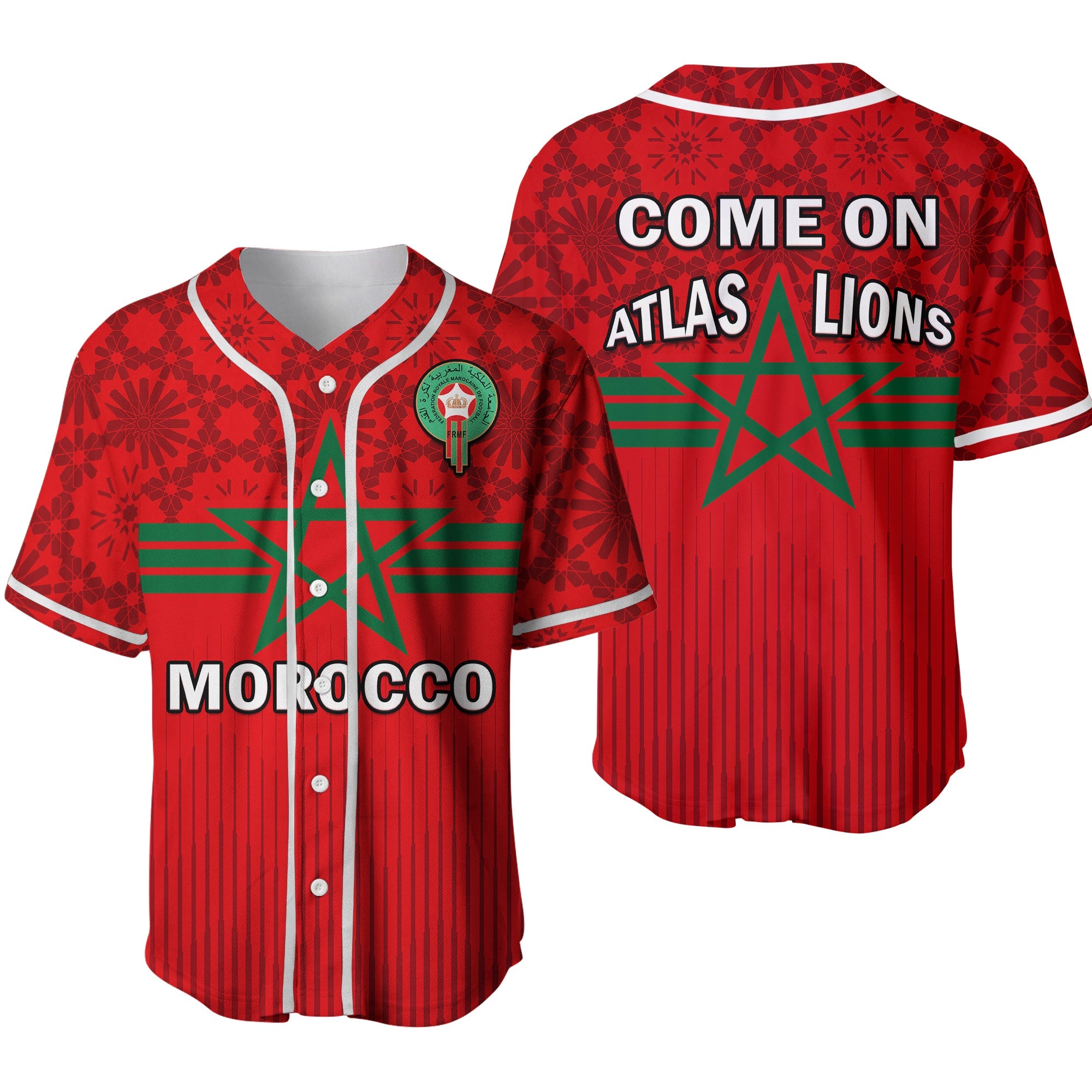 Morocco Football Baseball Jersey World Cup 2022 Red Moroccan Pattern Ver.02 - Wonder Print Shop